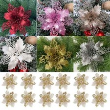 6Pcs Glitter Christmas Poinsettia Hanging Flowers Xmas Party Tree Decoration US