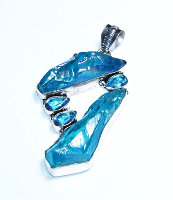 Sun Shine Druzy Hydro Blue Topaz Gemstone Handmade  Jewelry Pendant Size 3 Inch