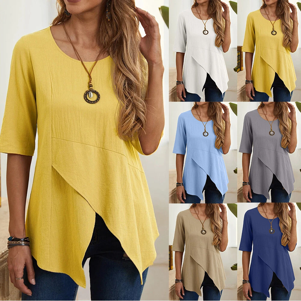 Womens Summer Short Sleeve Tee T Shirt Blouse Ladies Plain Tunic Tops Plus  Size