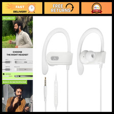 Wired 3.5mm Earbuds with Microphone  Volume Control, Sports Ear Hook, White