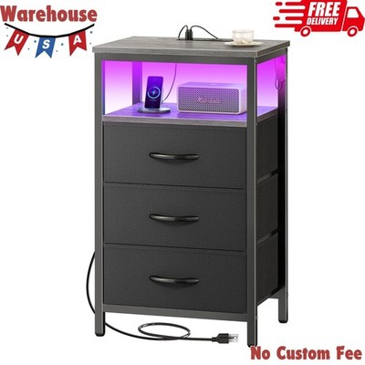 Night Stand with Charger Station and LED Lights, 3 Drawer Nightstand