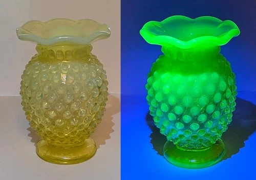 Vintage Fenton Vaseline Topaz Uranium Opalescent Hobnail Flower Vase 3 3/4” Tall
