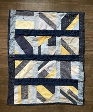 Quilt Throw Wall Decor Yellow Navy Light Blues Cotton Homemade Handtied 43x40