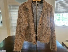 Jamie Sadock Womens Tooth button Loopy Fringe Eyelash Brown Beige Cardigan Small