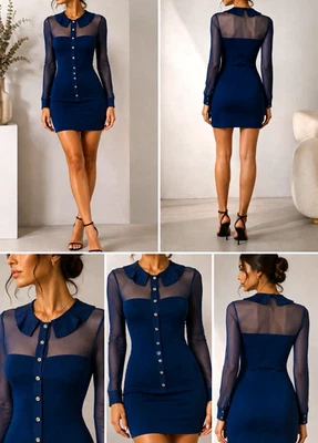 Azzaro Paris Damen Minikleid kurz Blau Mesh durchsichtig Langarm Knöpfe Gr. 36 - Bild 1 von 4