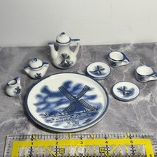 Vintage Mini Tea Set Porcelain 8 Pc White Blue Windmills