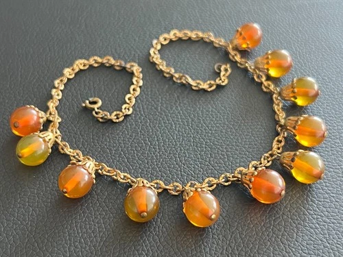 Unsigned Miriam Haskell Vintage Collar Necklace Amber Bakelite Brass 056