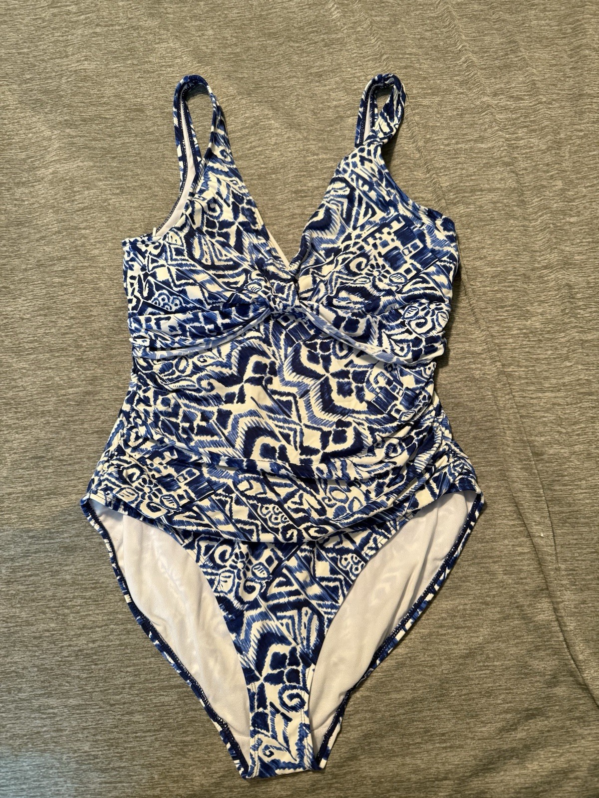 Lauren Ralph Lauren Slimming Twisted One Piece Swimsuit Blue White Size 14