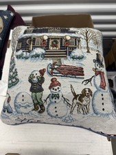 Winter Tapestry Throw Pillow Snowman Scene Rustic Lodge Holiday Cabin D cor