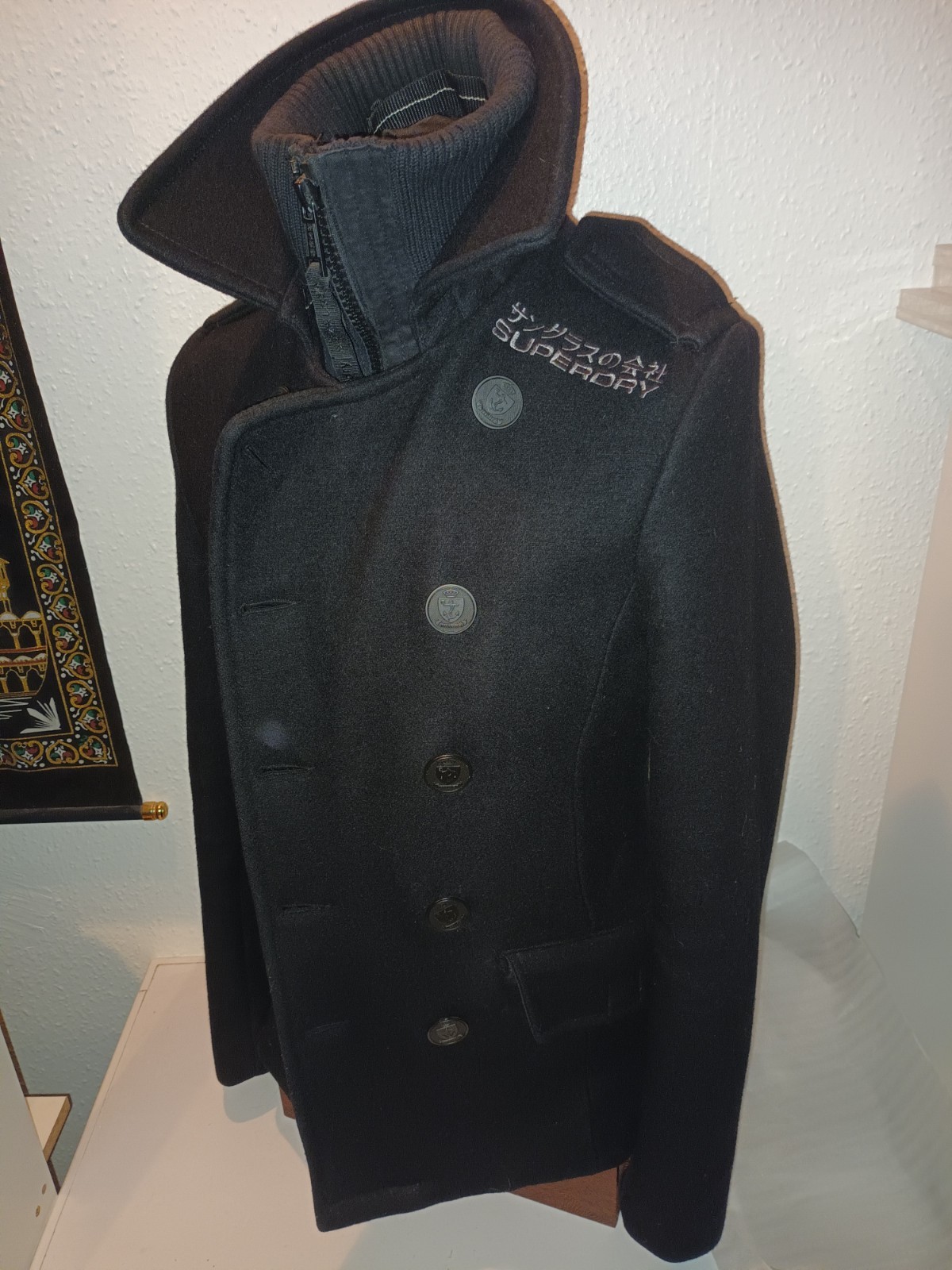 Superdry Navy Label Mens Black Wool P Coat Size M image 2