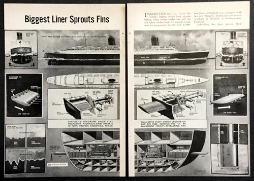 Queen Elizabeth Ocean Liner 1955 graphic pictorial Anti-Rolling Fins