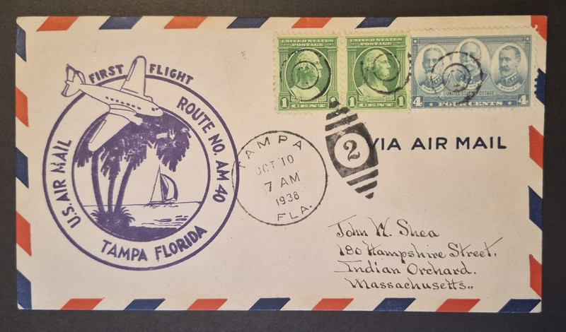 1938 First Flight Tampa FL Florida Airmail AM-40 40N1 AM 40 Air Mail Cover