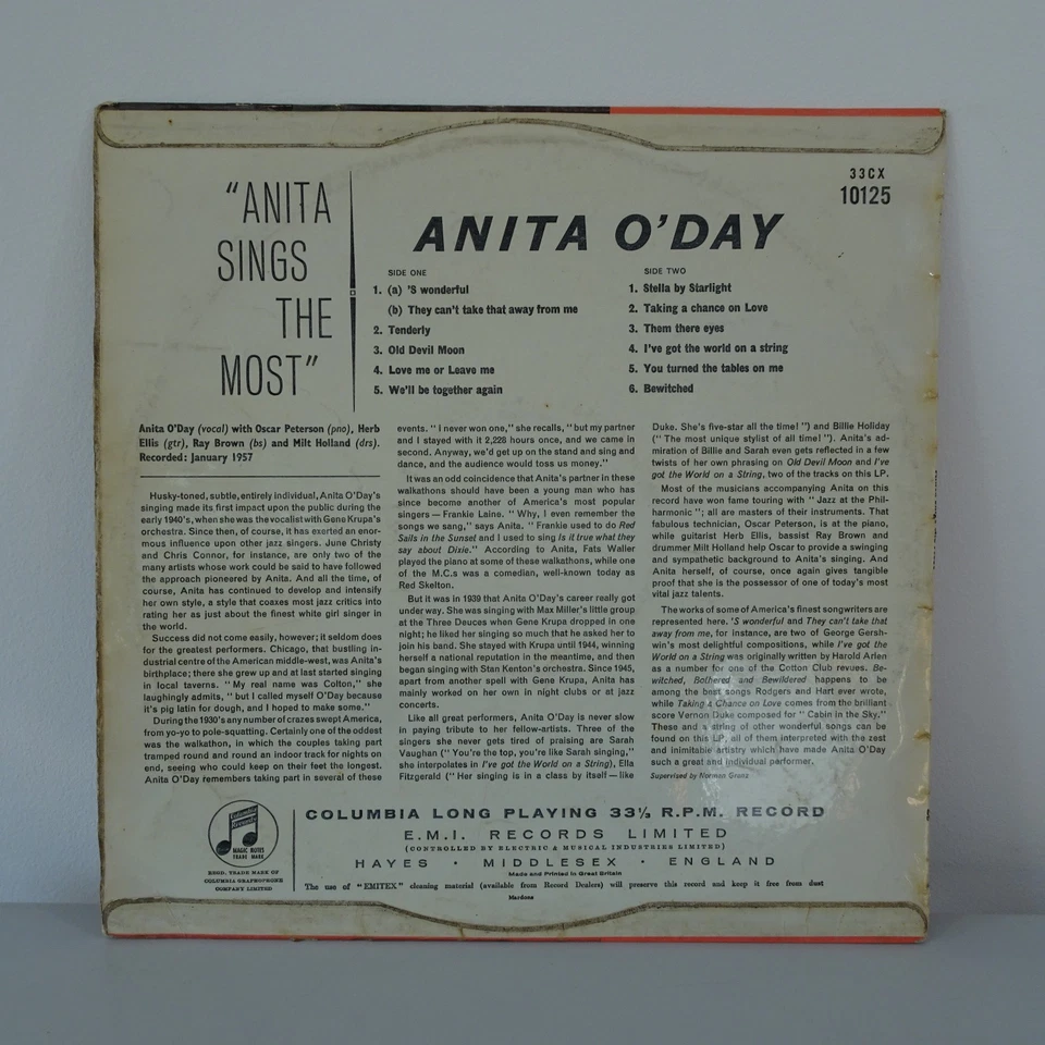 Anita O'Day Sings the Most (Feat. Oscar Peterson) Vinyl LP 33cx 10125 VG/G+ - Image 2 of 4