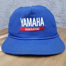 Vintage Yamaha Hat Cap Leather Strap Back Blue White Spellout Generators Mens