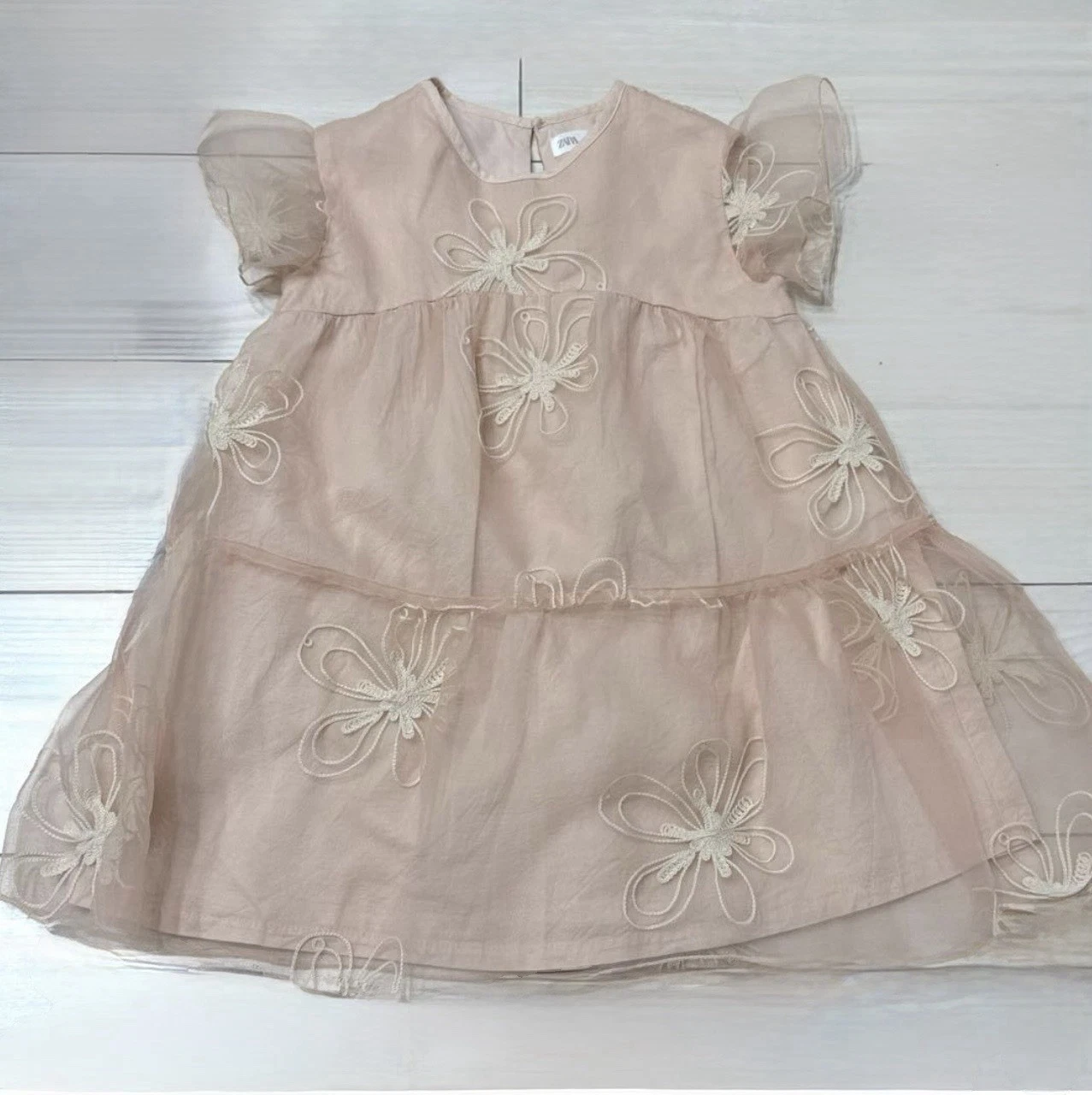 Zara Kids Girls 2T Peachy Pink Floral Short Sleeve Dress Back Button Bows EUC