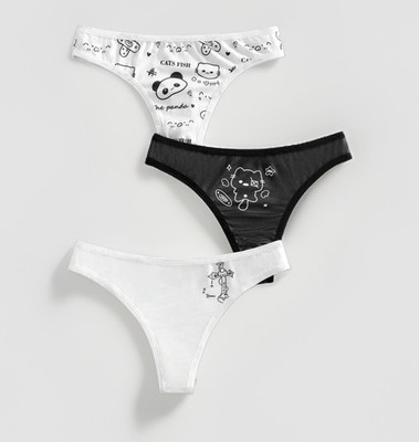 Women s Teens Anime Panda Cat Kawaii Thong Panties White/Black 3pk. Medium