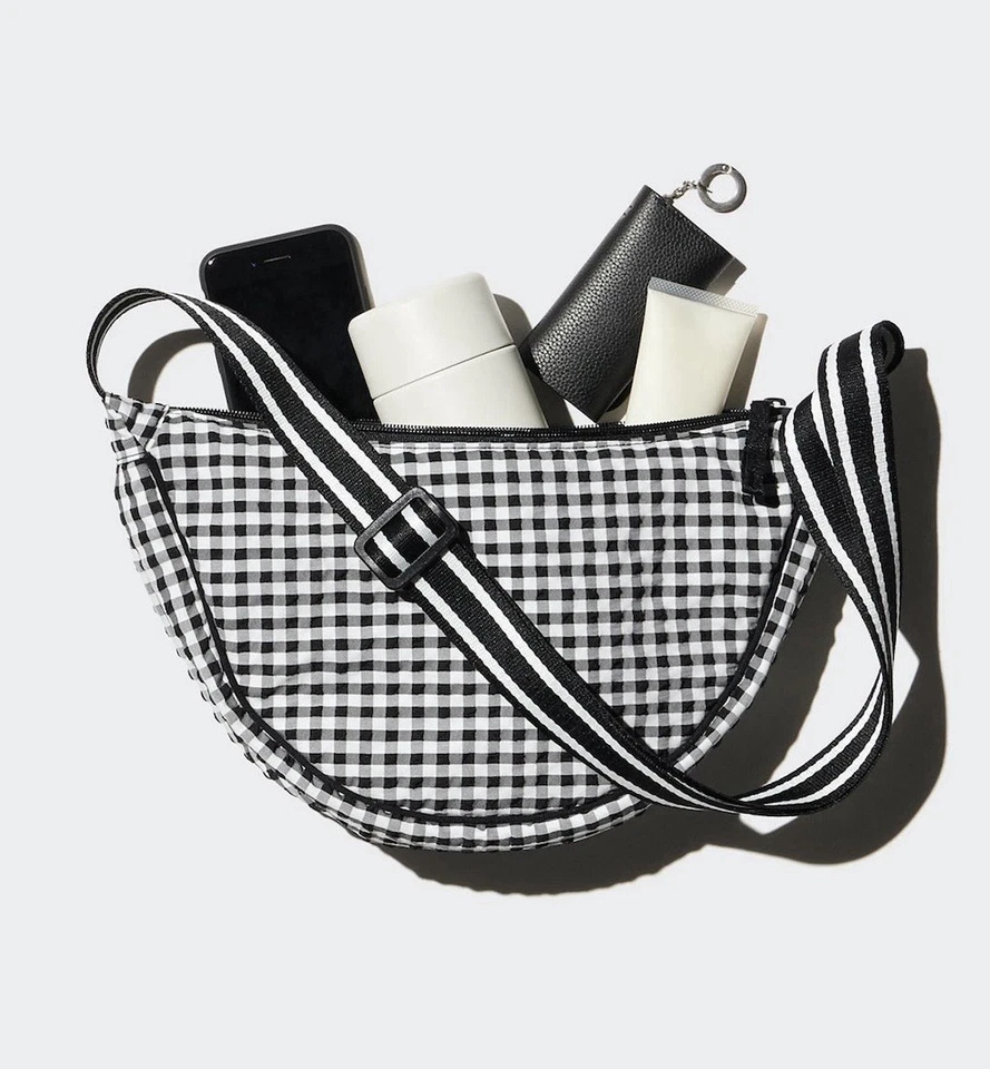 Viral Uniqlo Round Mini Shoulder Bag Gingham Check Pattern Black And White - Image 3 of 4