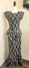 True Vintage 1980s EVENING DRESS black w/white lace peplum maxi bodycon SIZE 12