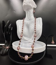 Vtg Venetian Murano Glass Bead Rose Foil Pink Gold Purple Jewellery Set “Italy”