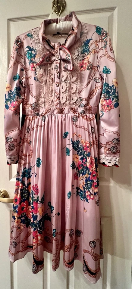 RARE Dalia MacPhee Floral Print Dress Long Sleeve Pink MulticolorPearls Women's - Image 2 of 4