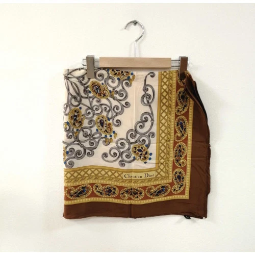 CHRISTIAN DIOR Foulard en soie cachemire Christian Dior marron x moutarde vieilli