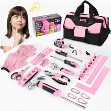 SHALL 26-Piece Kids Size Tool Set, Pink Real Tools for Kids with 12 Tool Bag,...