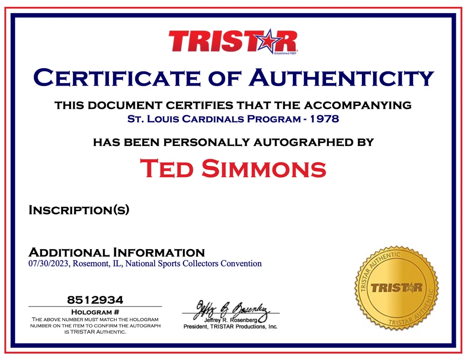TED SIMMONS Autographed St. Louis Cardinals 1978 Yearbook Tristar Holo Signed 🔥 - Image 3 of 4