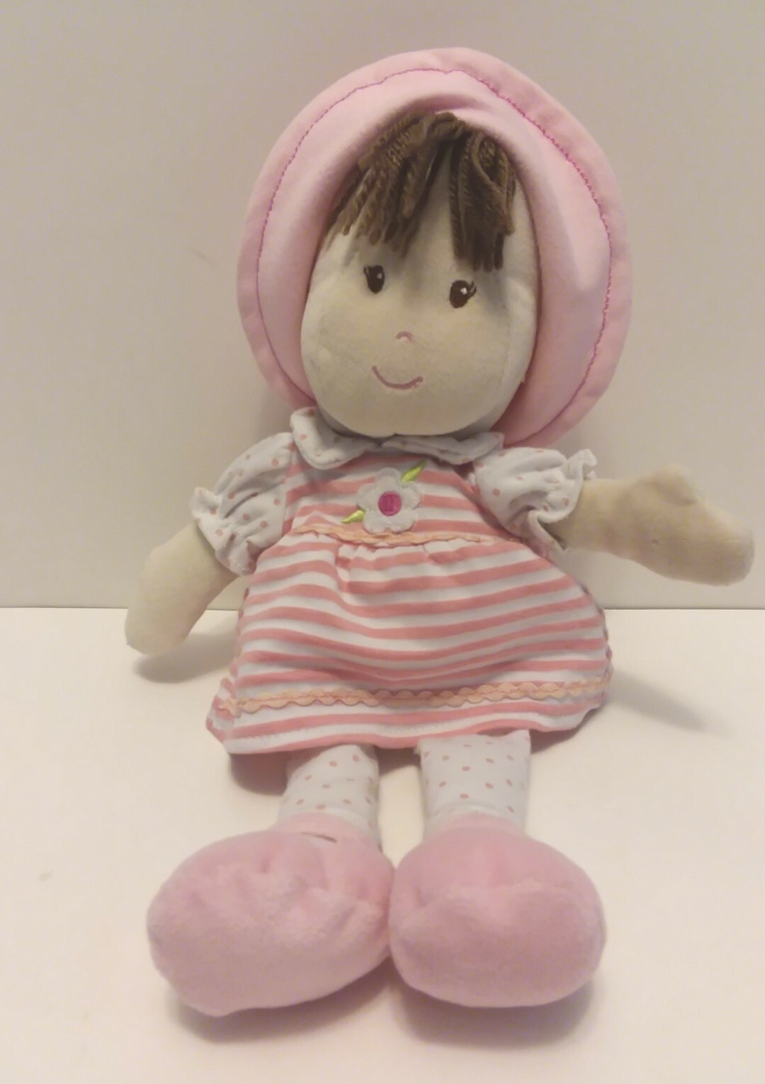 Prestige Plush Baby Doll 12&rdquo; Brown Hair Eyes Pink Dress Flower Soft Stuffed