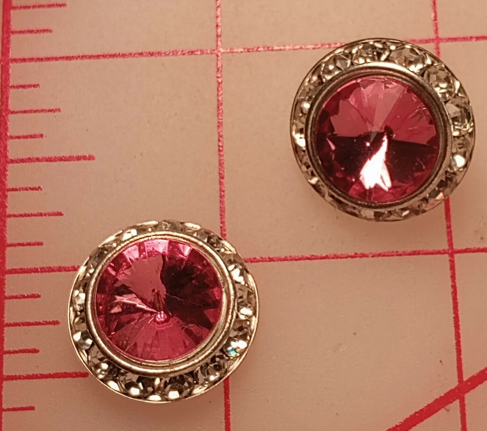 5 Silver Metal Rhinestone Shank Buttons Deep Rose Pink Acrylic Jewel 7/8" 22mm - Image 2 of 2