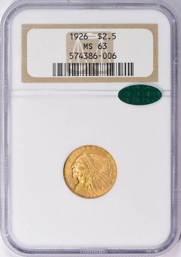 1926 INDIAN HEAD $2.5 QUARTER EAGLE GOLD NGC MS63 CAC