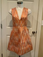 Alice + Olivia Orange & Gold Metallic Striped V-Neck Fit & Flare Dress, Size XS