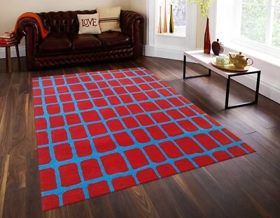 Tapis Rouge Pour Salon Tissé À La Main Indien En Laine Naturelle Rayé 6x9 - Photo 1/4