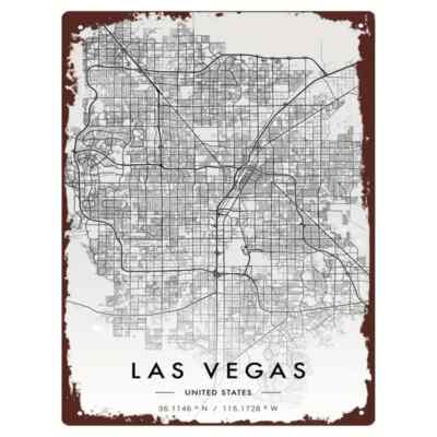 Vintage Las Vegas City Map Metal Wall Art by- 8x12 Retro Style Decor NEW- casino