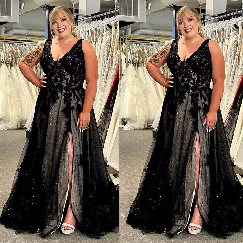 Black Gothic Wedding Dresses With Side Split V Neck Plus Size Bridal Gowns  Lace