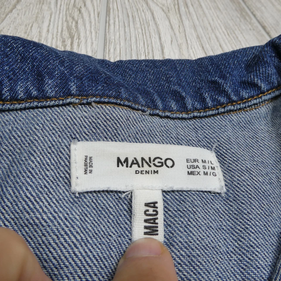 Chaqueta de mezclilla Mango para mujer talla S/M azul jean dobladillo deshilachado abotonado camionero Foto 2 de 4