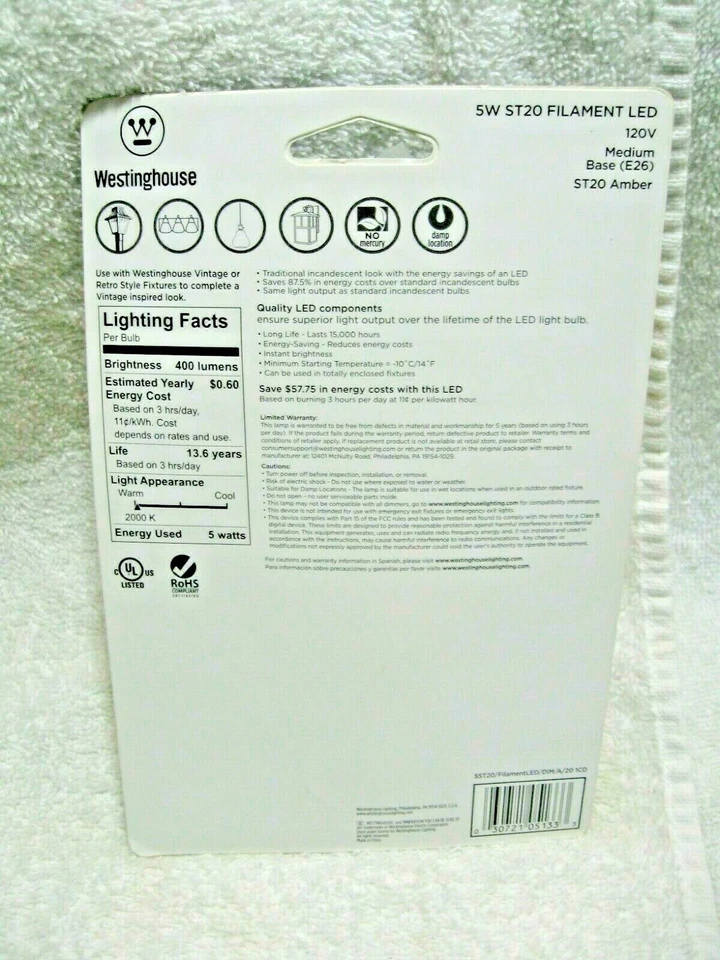 WESTINGHOUSE ST20 FILAMENT LED  40 Watt Decorative Dimmable Amber Finish Bulb RV - Image 2 of 4