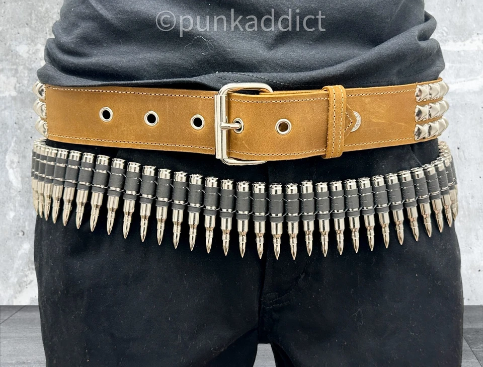 Cinturón Bala Metal Níquel Latón Carcasa Punta Cobre Bandolera Ejército Punk Gótico EE. UU. Foto 2 de 4