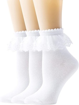SEMOHOLLI Women Lace Ankle Socks Ruffle Frilly Cotton 5-9, 3 Pairs-white 
