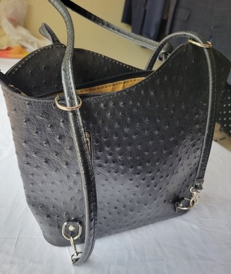 Borse In Pelle Made In Italy Black Leather Ostrich Embossed Purse Or Backpack