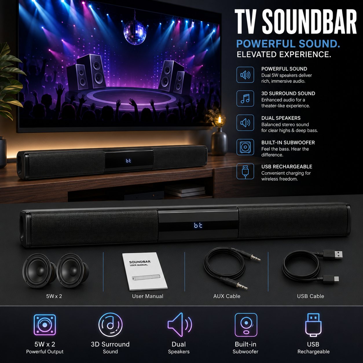 Bluetooth 5.0 Sound Bar Speaker with Subwoofer TV Home Theatre Surround Sound