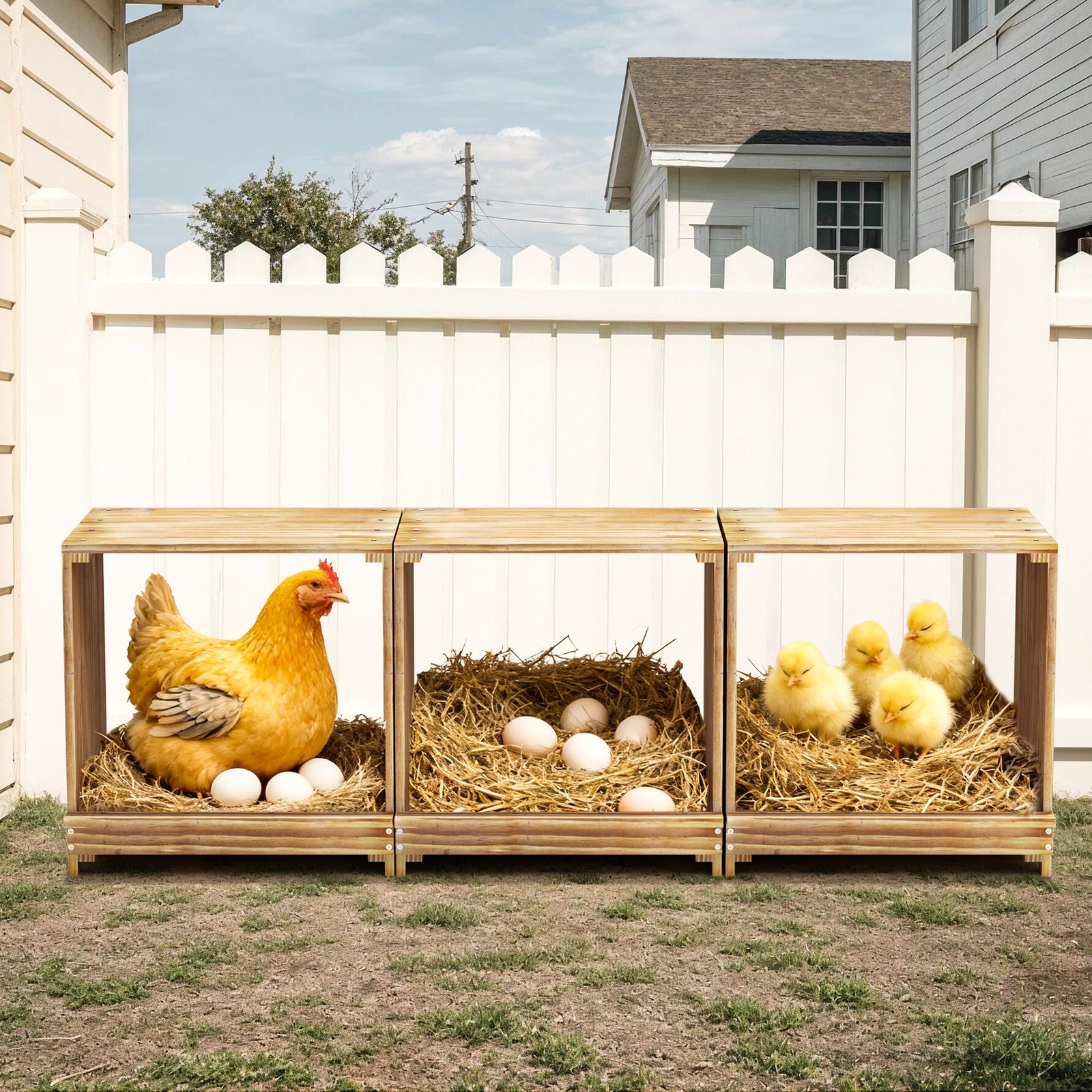 3 Holes Chicken Nesting Box Solid Pine Wood for Hens Use in Coops Farms Backyard
