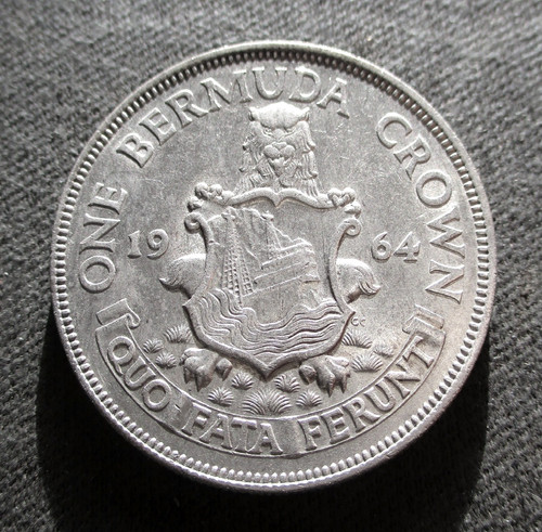 SILVER ONE CROWN 1964 COIN OF BERMUDA (BRITISH TERRITORIES) ~ QUEEN ELIZABETH II