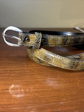 Vintage Western Floral Hand Tooled Metallic Gold Olive Leather Belt Sz 38
