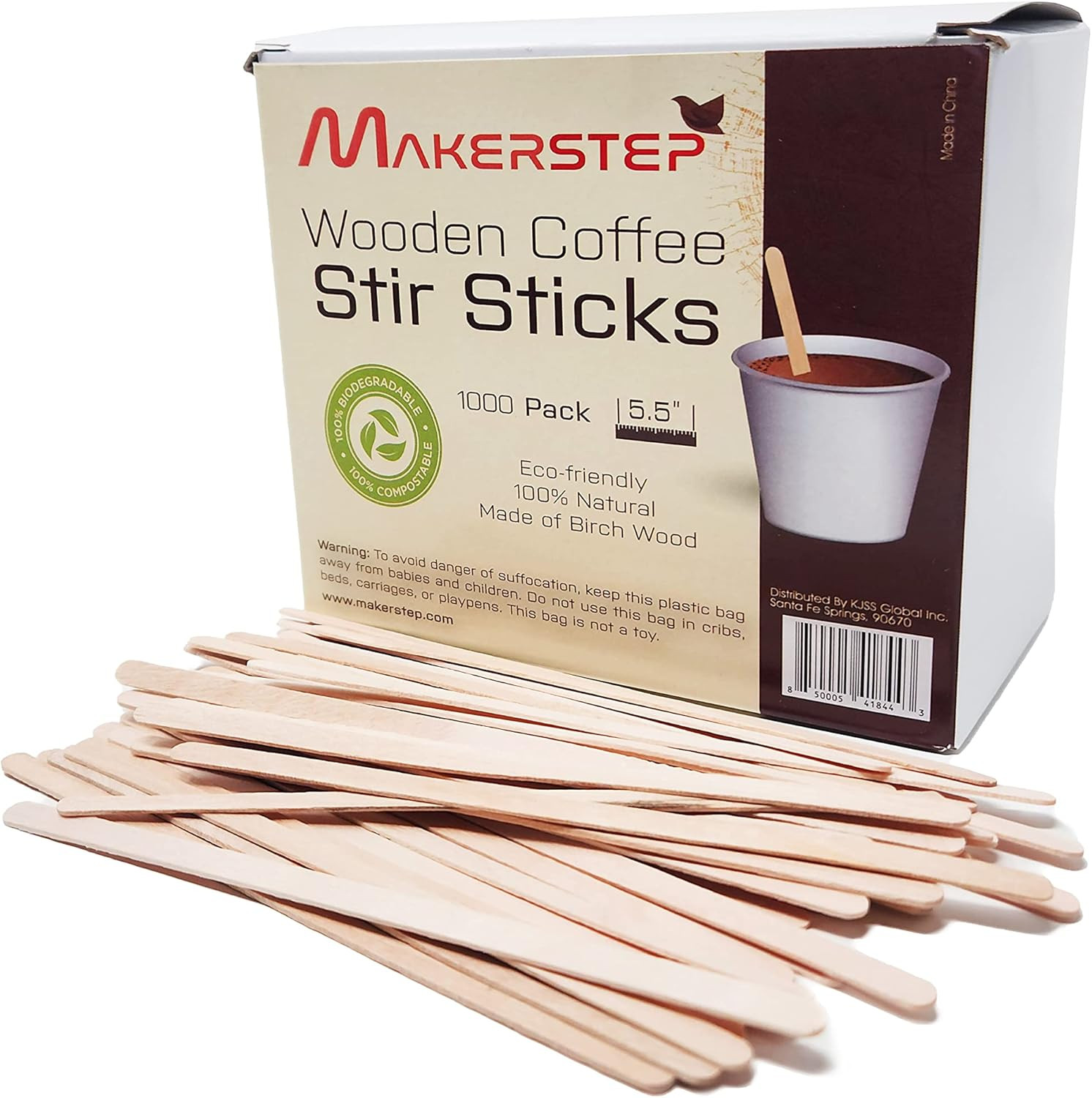 1000 Wooden Coffee Stirrers 5.5 Inch with Storage Box, Sturdy Natural Birch Wood