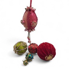 Lot of 5 Vintage Push Pin Satin Beaded Sequin Pearl Christmas Ornaments Handmade