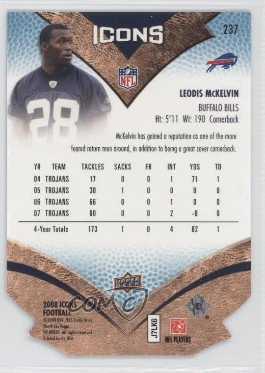 2008 Upper Deck Icons NFL Rookies Blue Die-Cut /28 Leodis McKelvin Rookie RC - Image 2 of 2