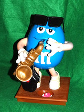 BLUE PEANUT M&M CANDY DISPENSER COLLECTIBLE WITH SAXOPHONE AND SUNGLASSES