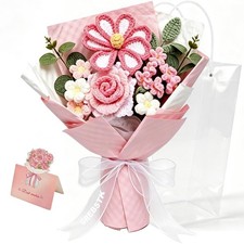 GREBSTK Handmade Crochet Flower Bouquet Pink 15 Pcs Knitted Floral Gift Set