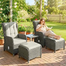 Recliner Rattan Garden Furniture w/ Glass Top Table & Cushions