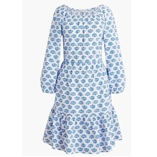 J Crew 0 Scoopneck Tiered Cotton Poplin Mini Dress Blue Pattern Block Print